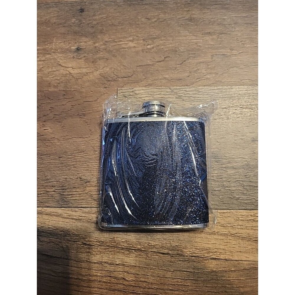 6oz Glitter And Stainless Steel Dark Blue Hip Flask New
